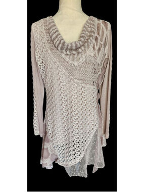 Feratelli Boho Lace Asymmetrical Tunic Top Blush Pink Size S Festival Crochet